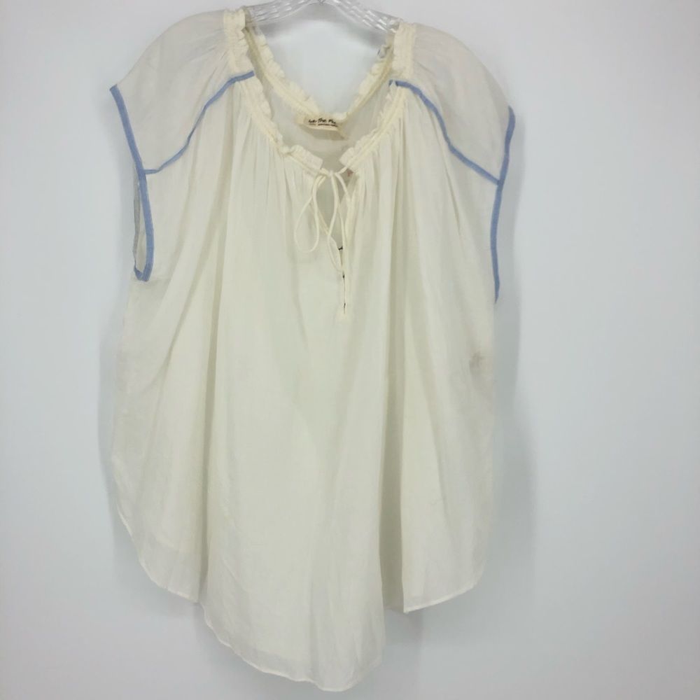 NWT Free People  Size Small Sheer Cotton Tunic Blue Trim Sleeves Over Sized